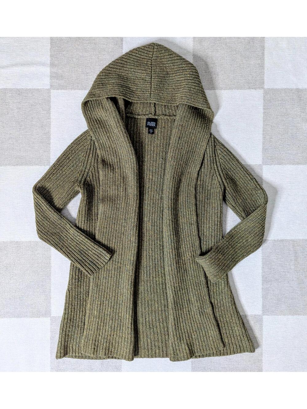 Eileen Fisher chunky wool hooded shawl collar open front cardigan